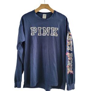 Pink Victoria’s Secret Sequin Logo Blue top size Medium bling long sleeve Y2k 90
